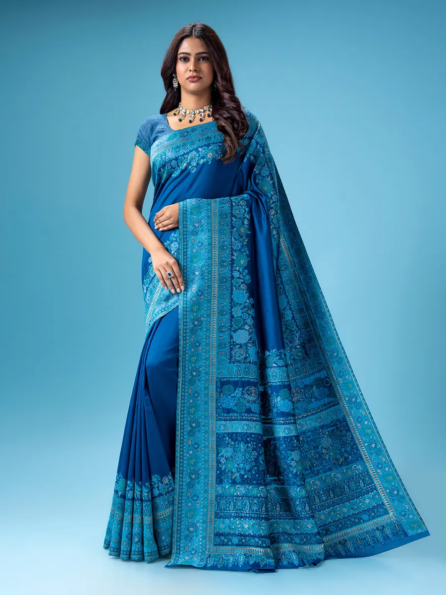 Blue pashmina silk kashmiri weaving saree