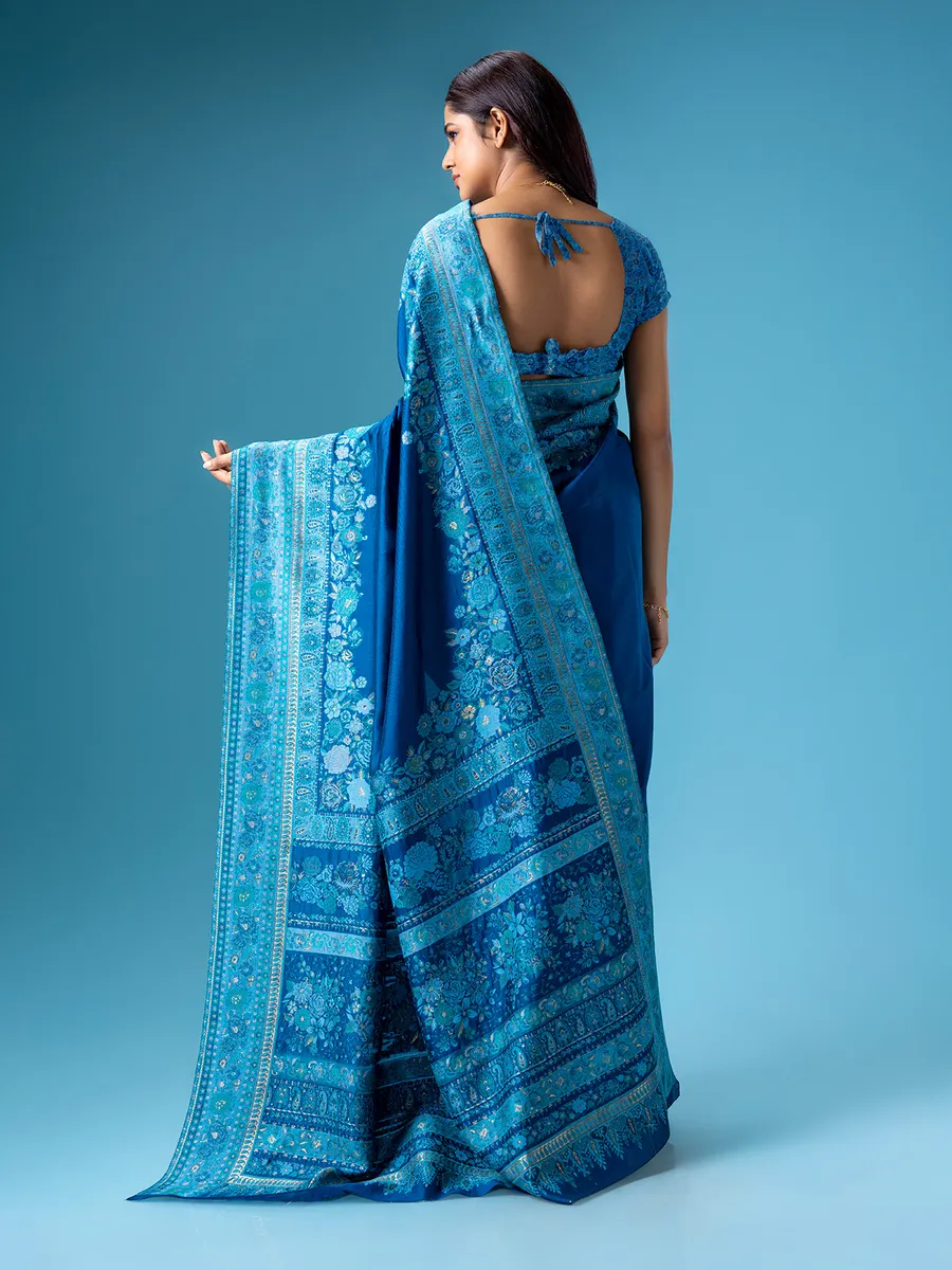Blue pashmina silk kashmiri weaving saree