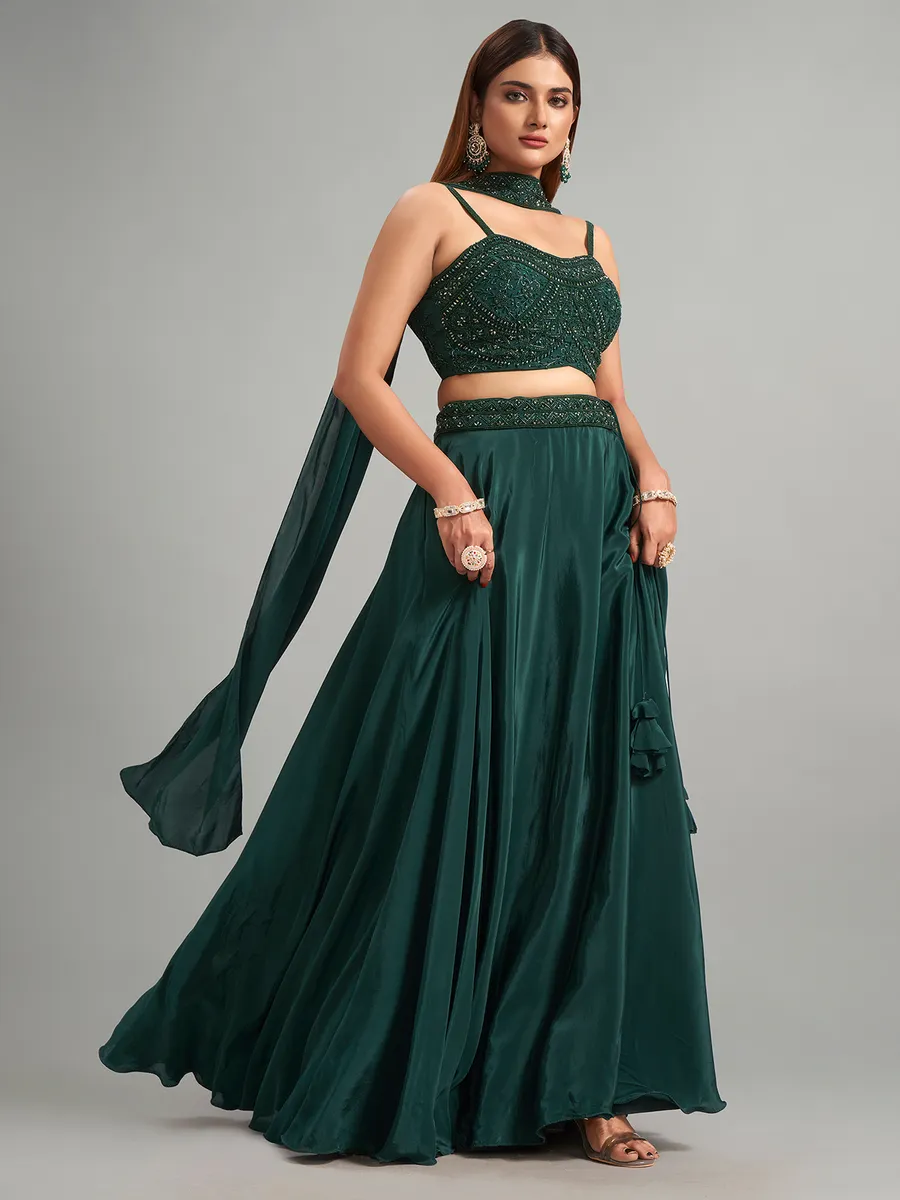 Teal Green Silk Lehenga Choli With Blouse & Dupatta For Indian & Pakistani Wedding Festival - Dori With Thread & Sequins Embroidery Work