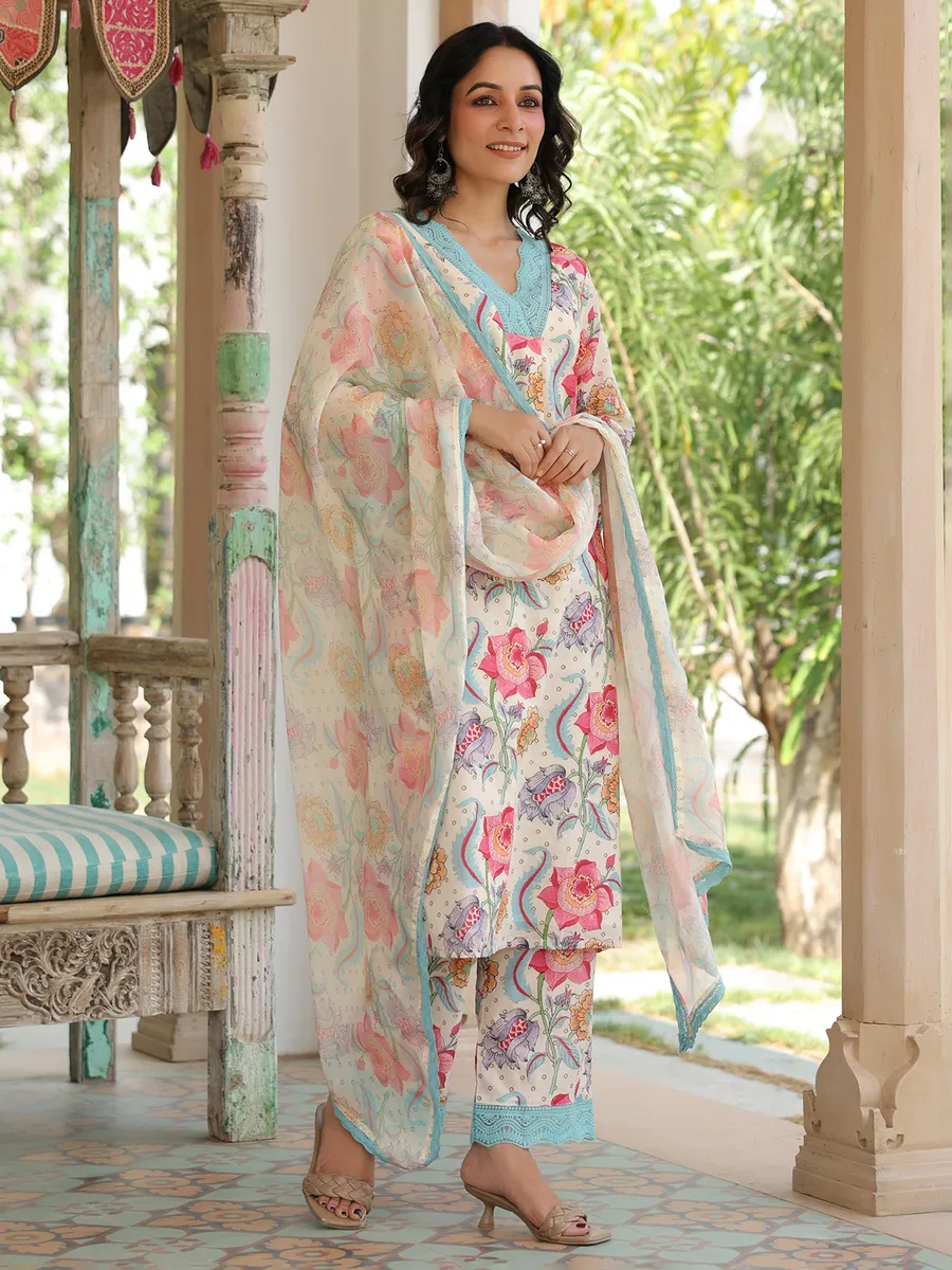 Classic cream cotton kurti set with dupatta
