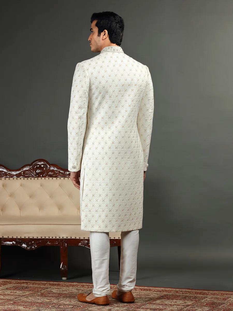 Classic cream sherwani in silk