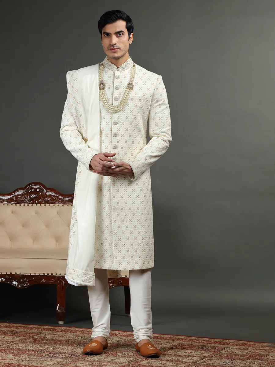 Classic cream sherwani in silk