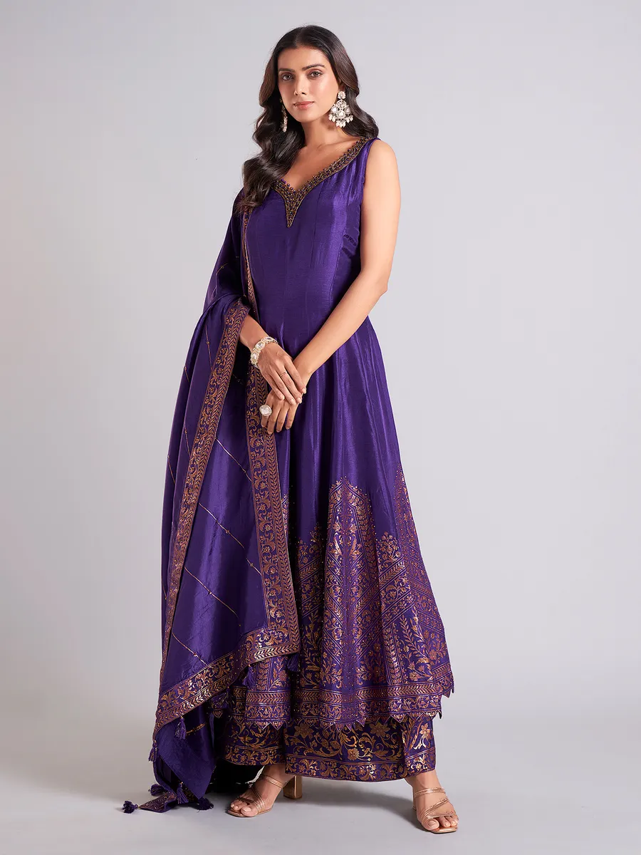 Classic dark purple raw silk palazzo salwar suit