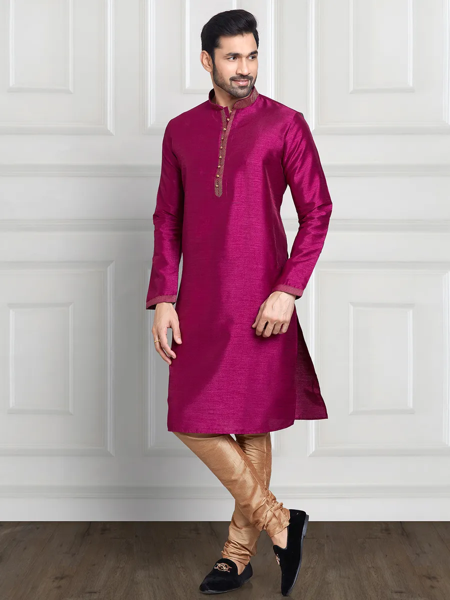 Classic magenta cotton silk  Men Kurta pajama