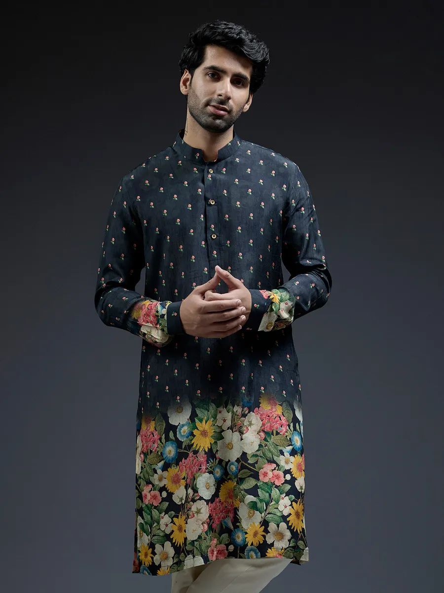 Classic navy flower floral print silk kurta suit-G3-MKS5911
