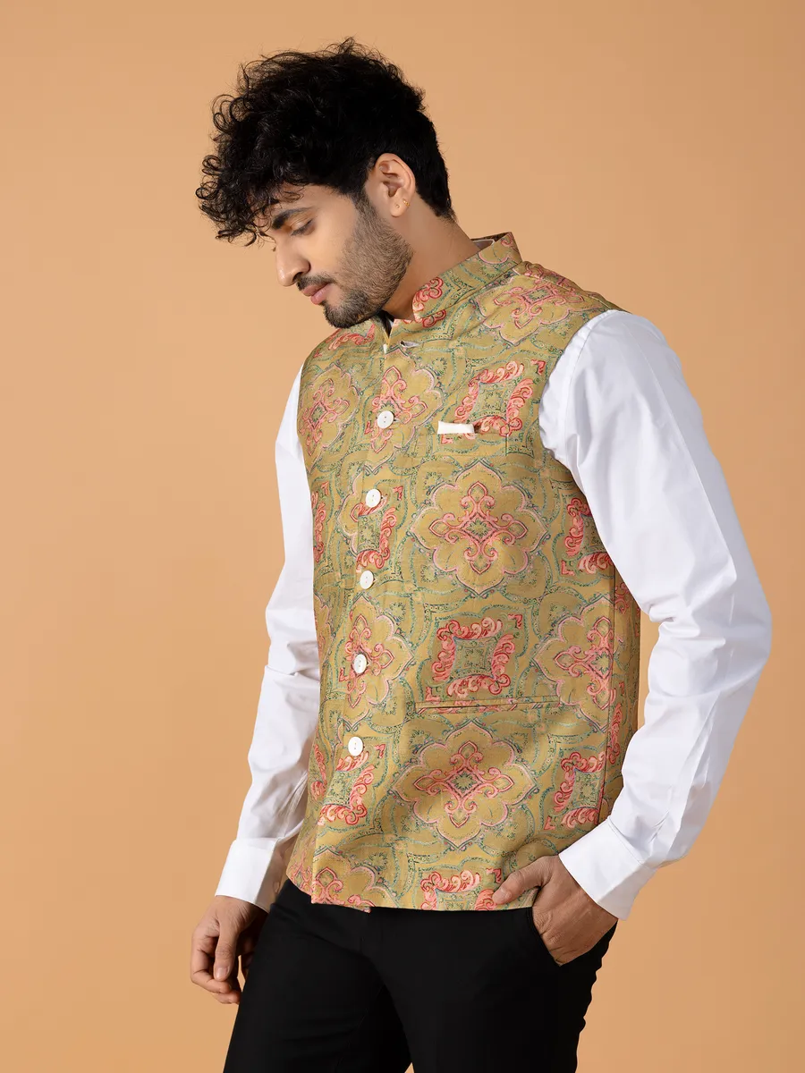 Classic olive silk printed waistcoat