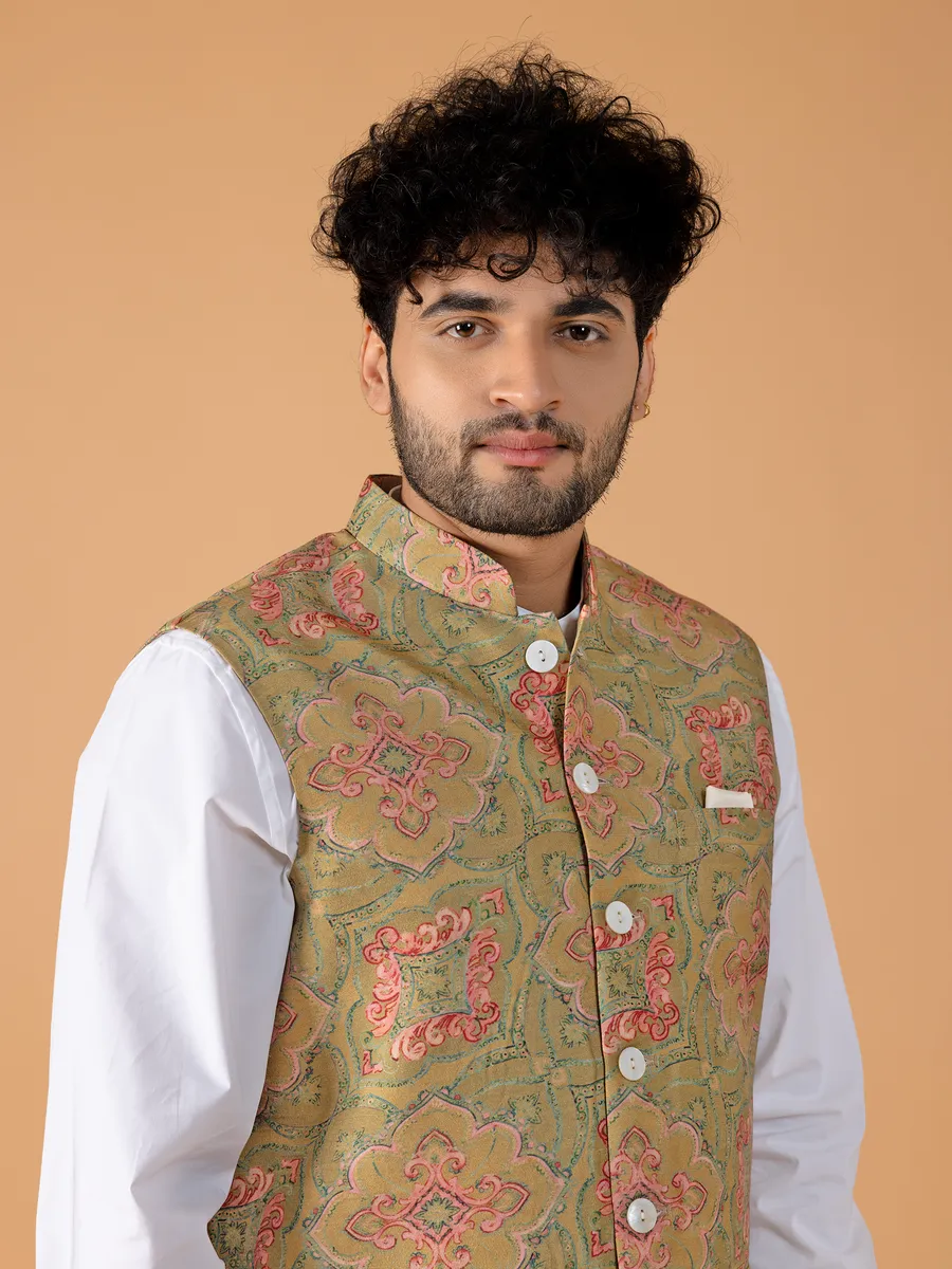 Classic olive silk printed waistcoat