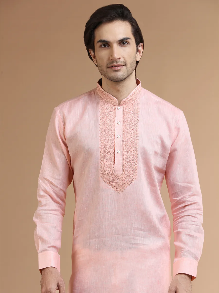 Classic peach linen  Men Kurta pajama