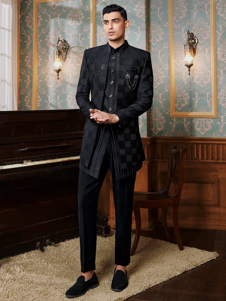 Classic textured black raw silk indowestern
