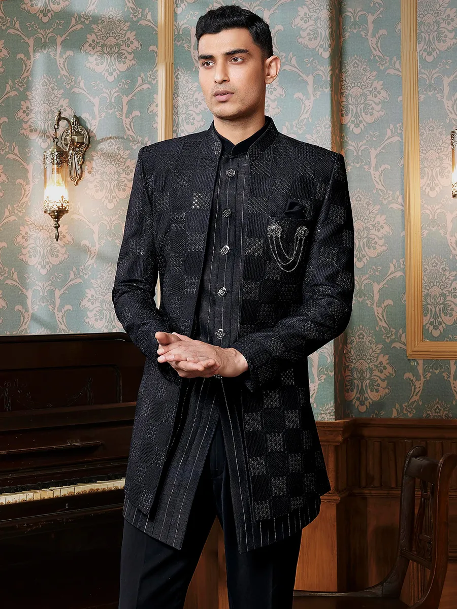 Classic textured black raw silk indowestern