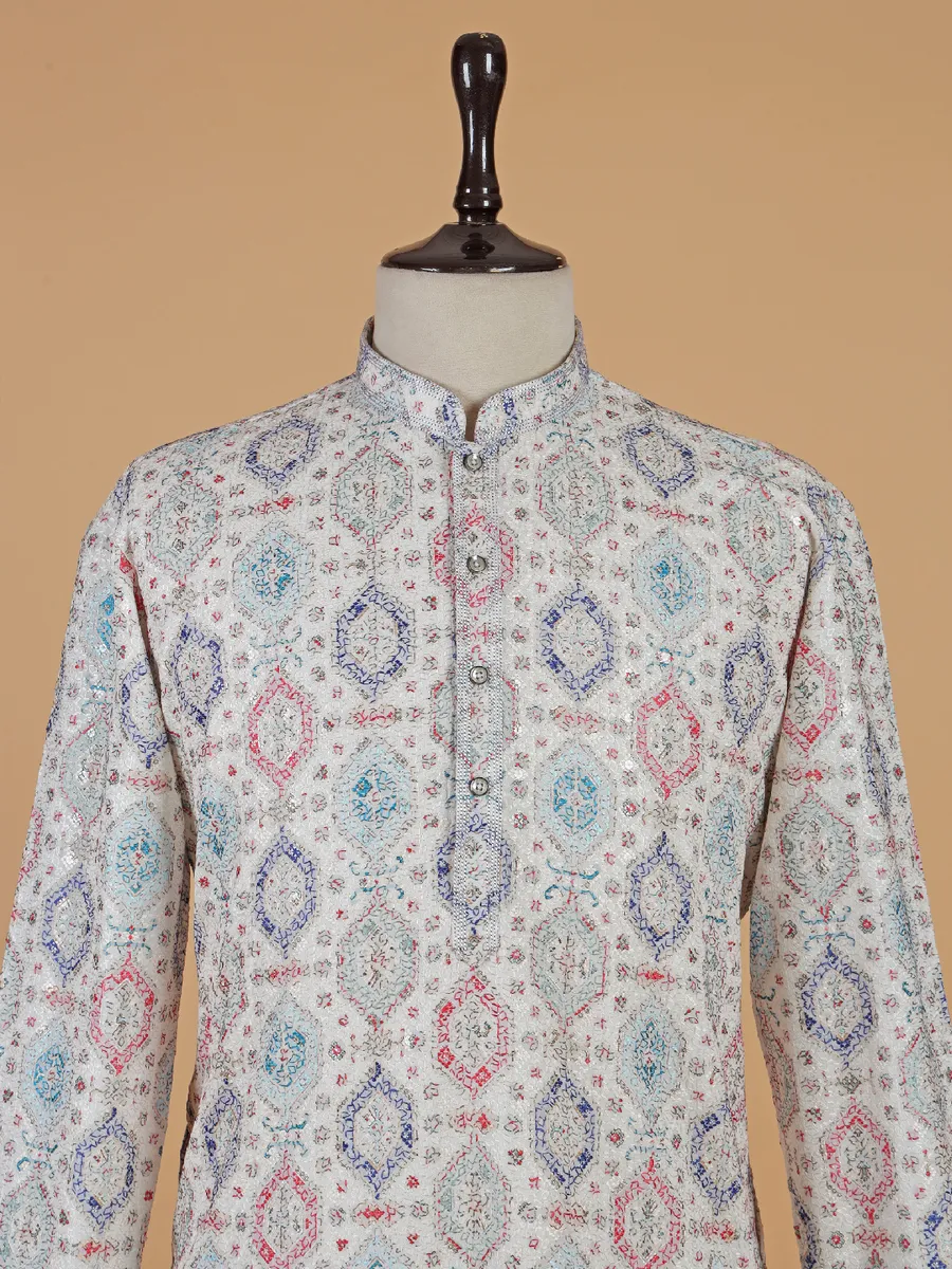 Classic White cotton kurta suit with multicolor thread design