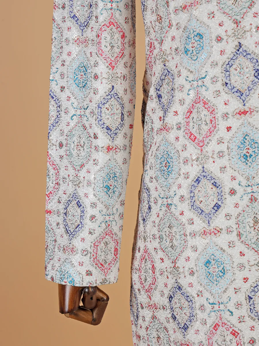 Classic White cotton kurta suit with multicolor thread design
