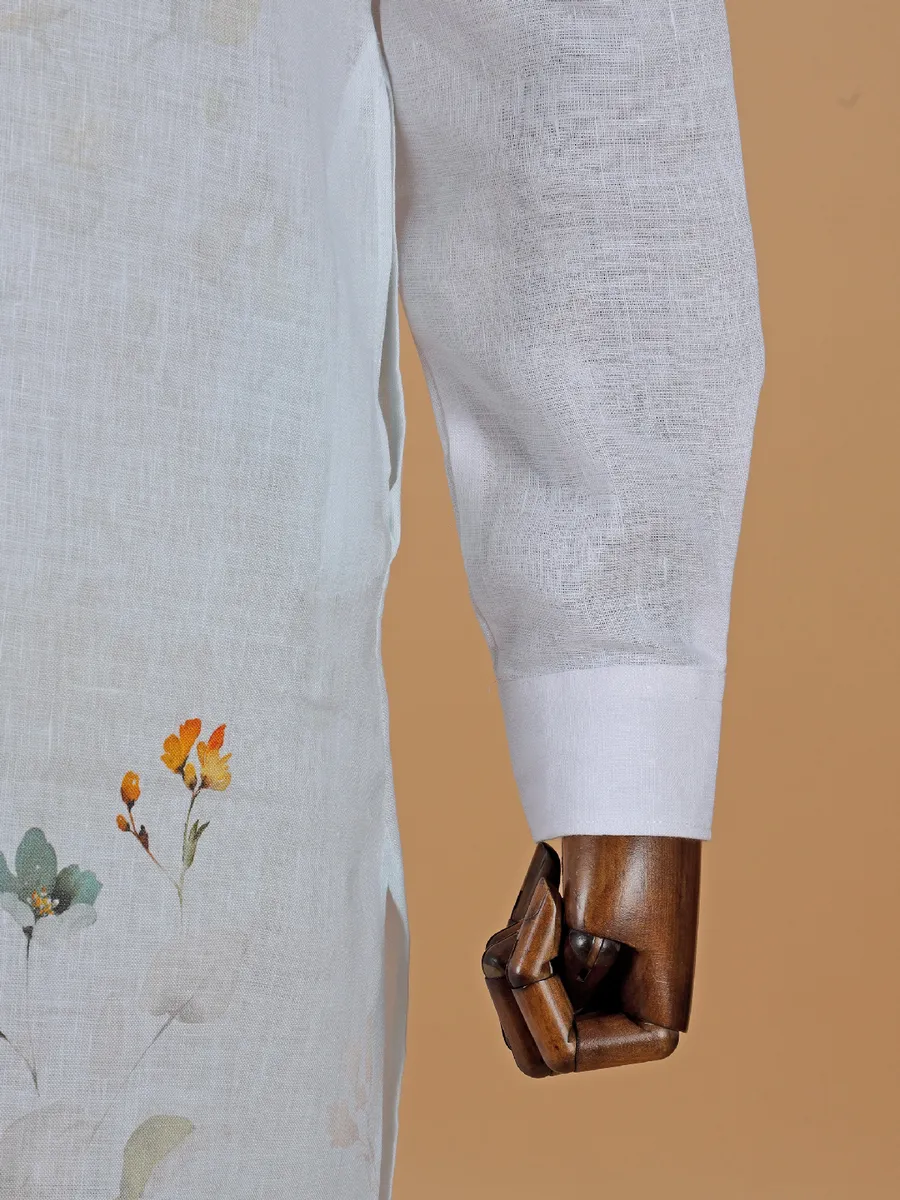 Classic white cotton printed kurta for men