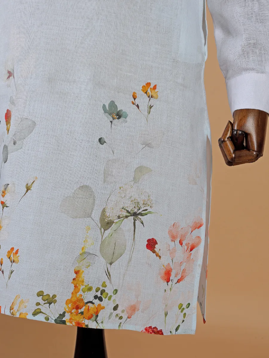 Classic white cotton printed kurta for men