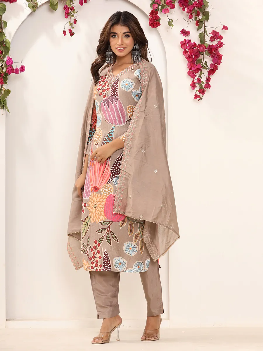 Classy beige silk printed kurti set