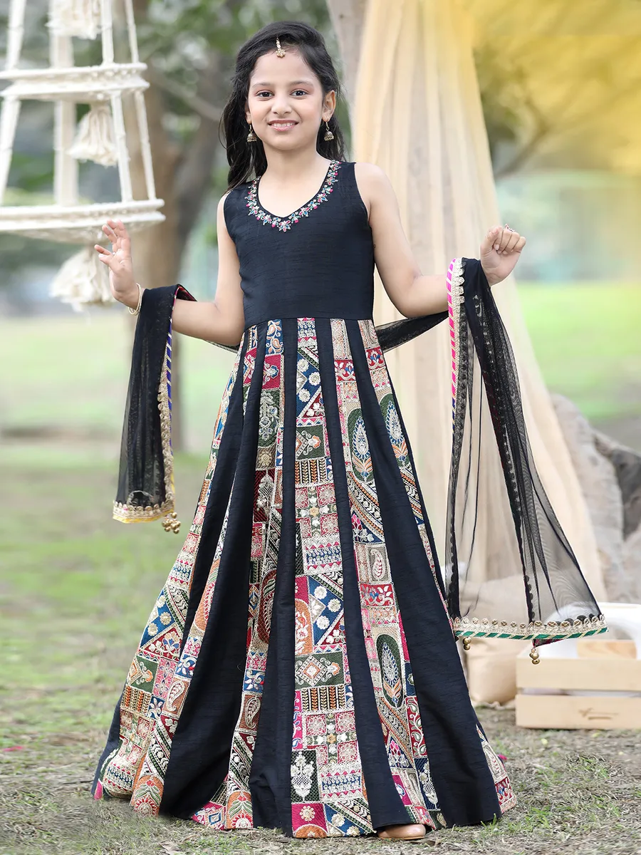 Classy black raw silk anarkali suit