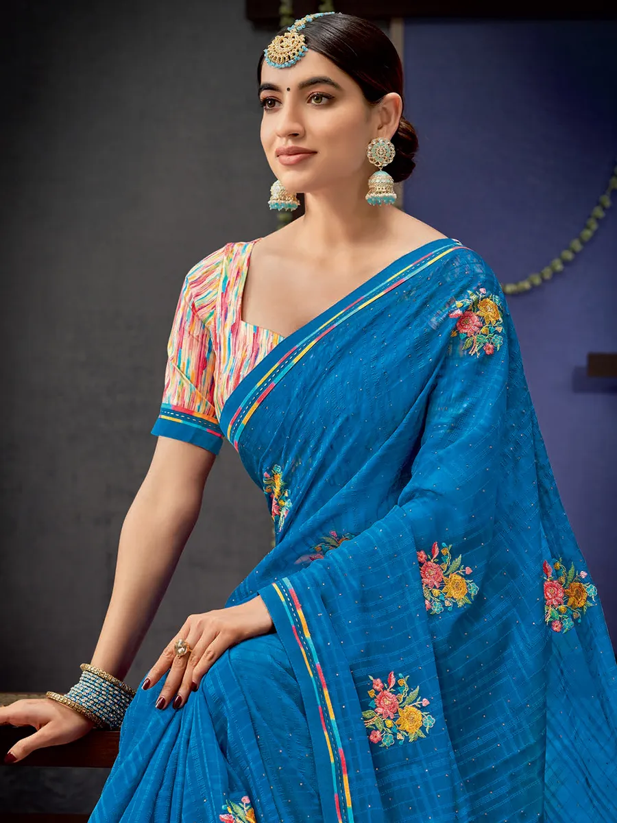 Classy blue georgette checks saree