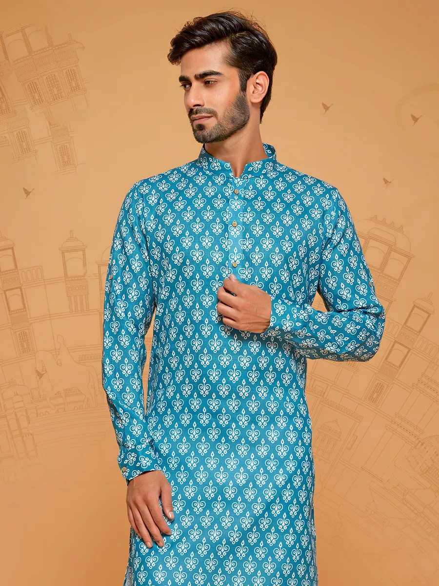 Classy blue printed kurta suit for men