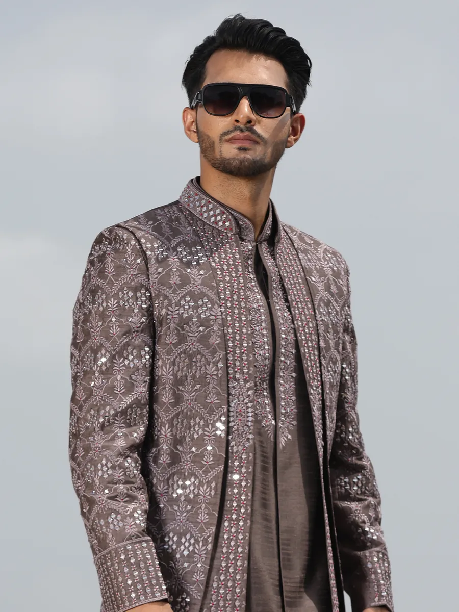 Classy brown raw silk indowestern for men