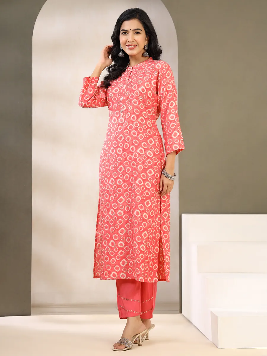 Classy coral pink printed kurti set in cotton