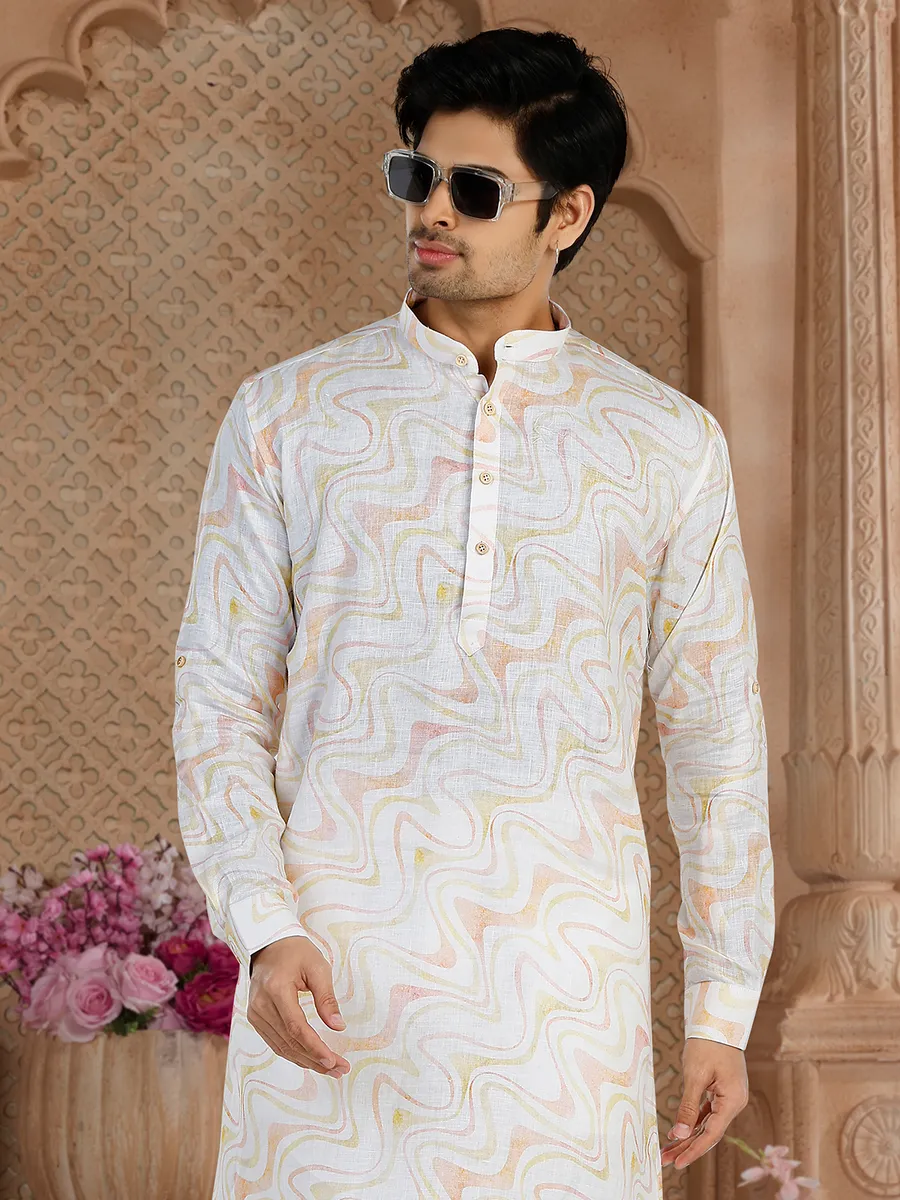 Classy cotton printed  Men Kurta pajama in white