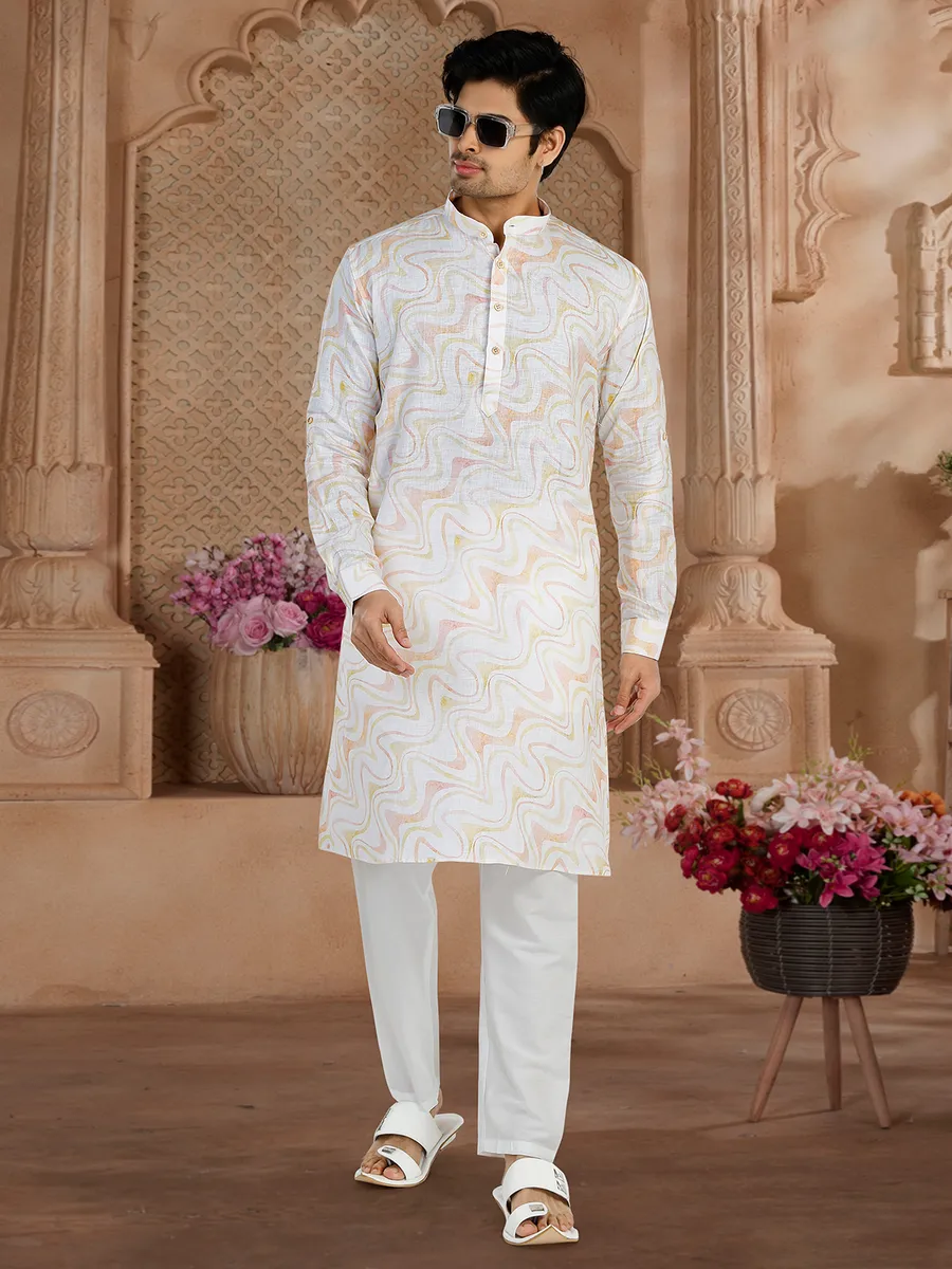 Classy cotton printed  Men Kurta pajama in white