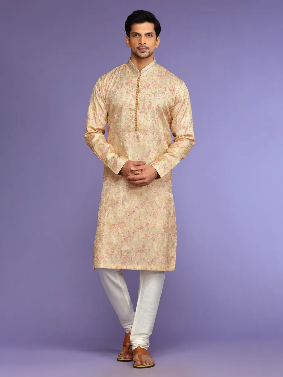 Classy cream silk  Men Kurta pajama for festive