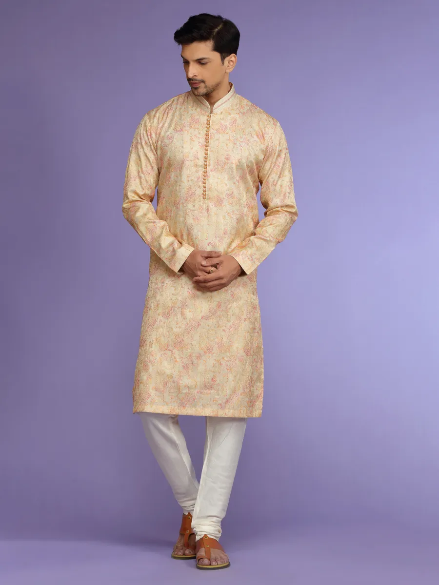 Classy cream silk  Men Kurta pajama for festive