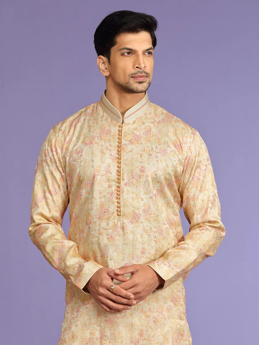 Classy cream silk  Men Kurta pajama for festive