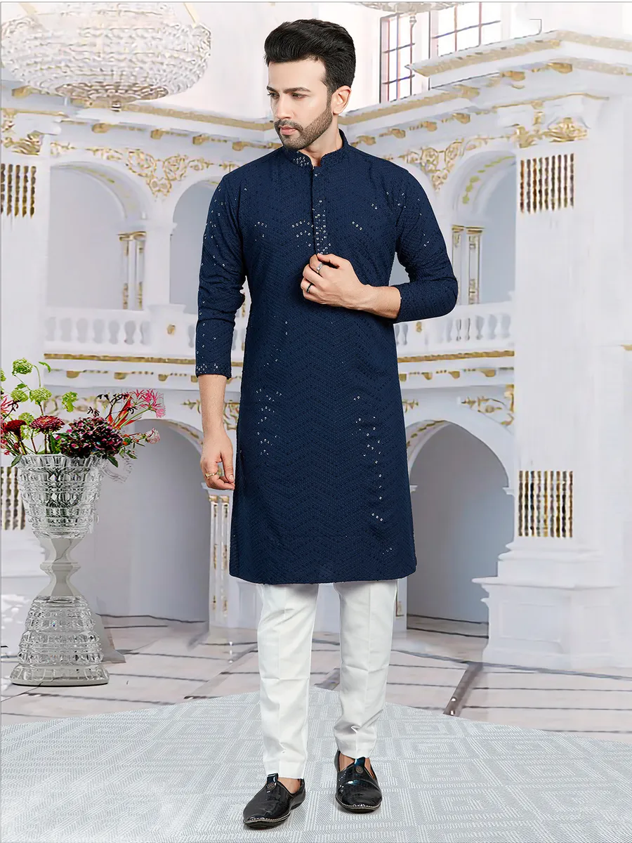 Classy georgette navy embroidery  Men Kurta pajama