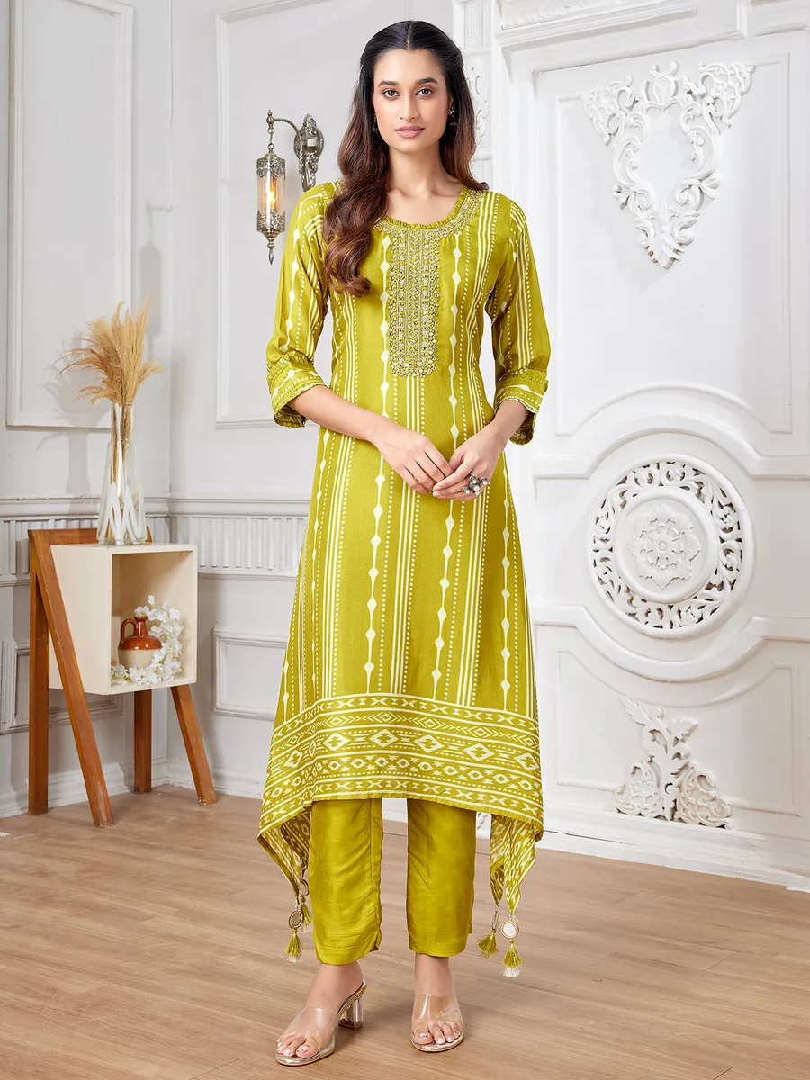 Classy light green printed russian silk kurti set