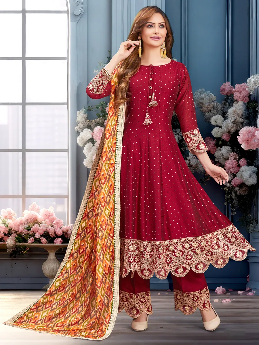 Trendy Traditional Party Wear Salwar Suit Maroon Viscose Silk Pant Straight