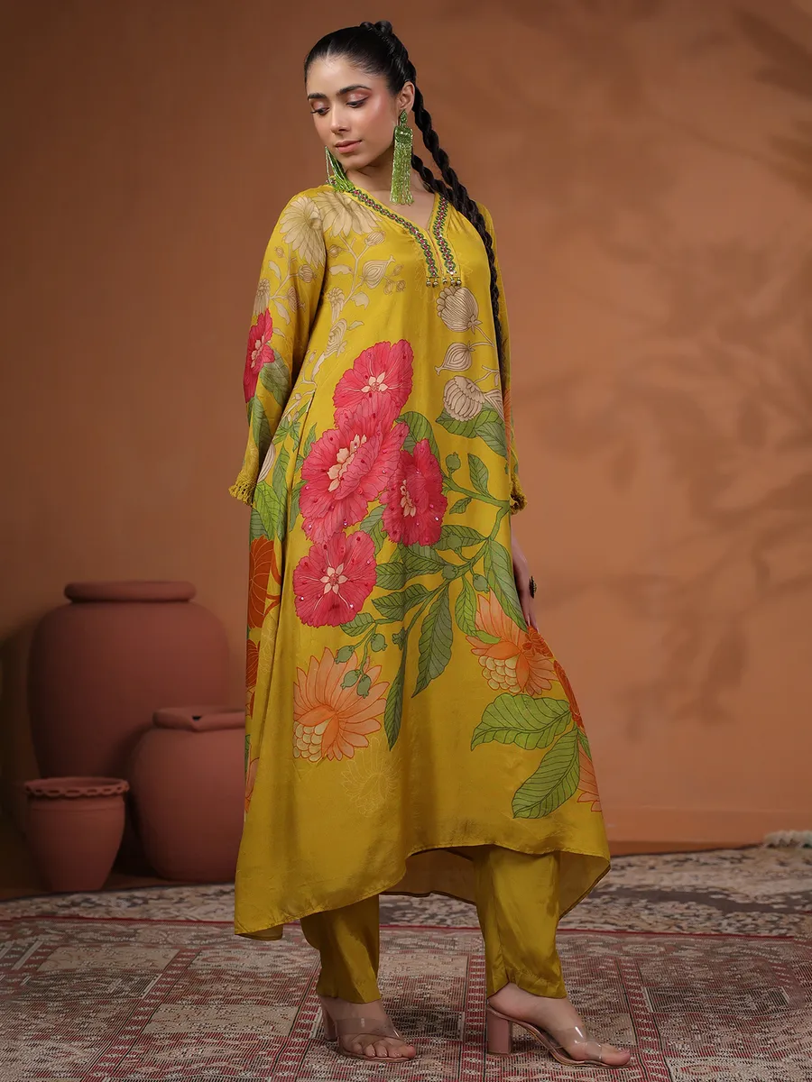 Classy mehendi yellow printed kurti set