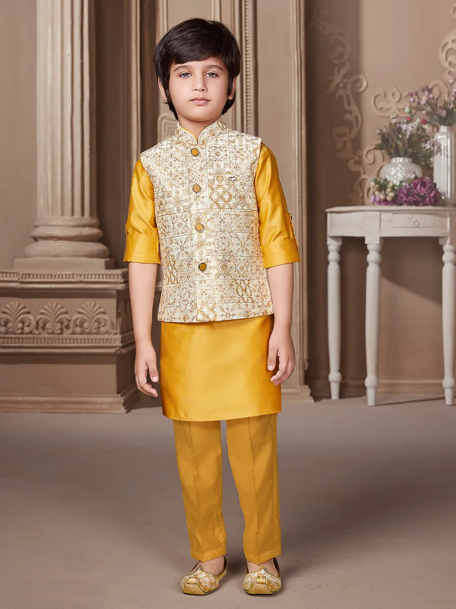 Classy mustard yellow raw silk waistcoat set