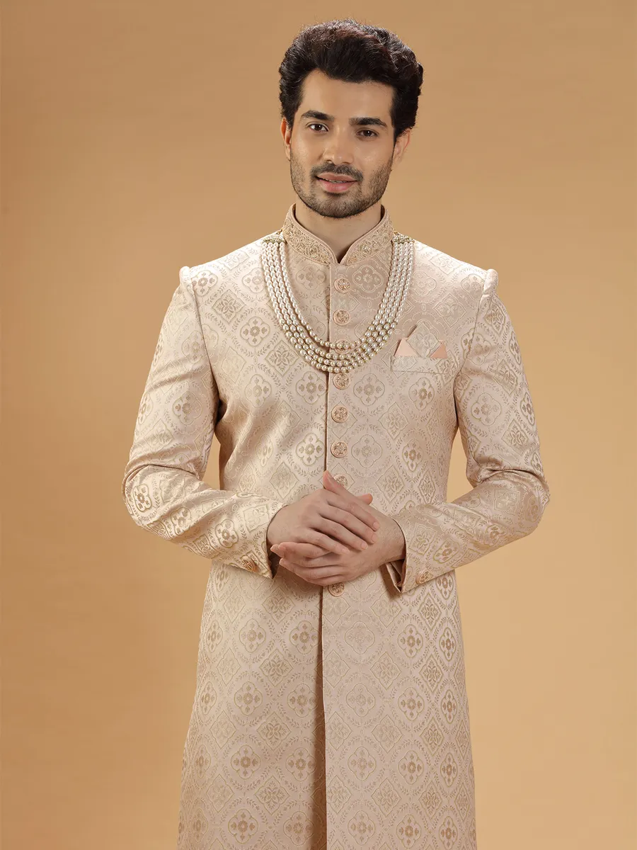 Classy peach silk groom sherwani