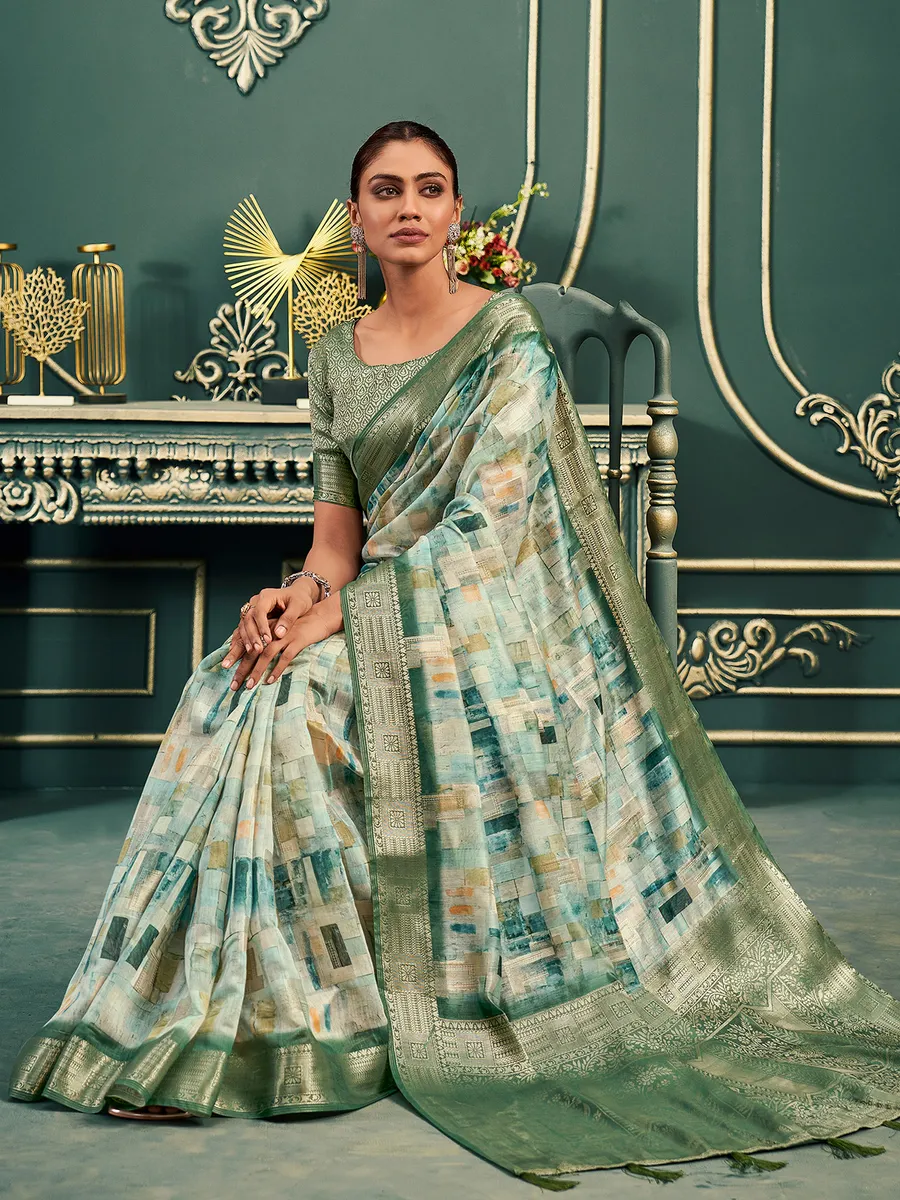 Classy pista green printed saree