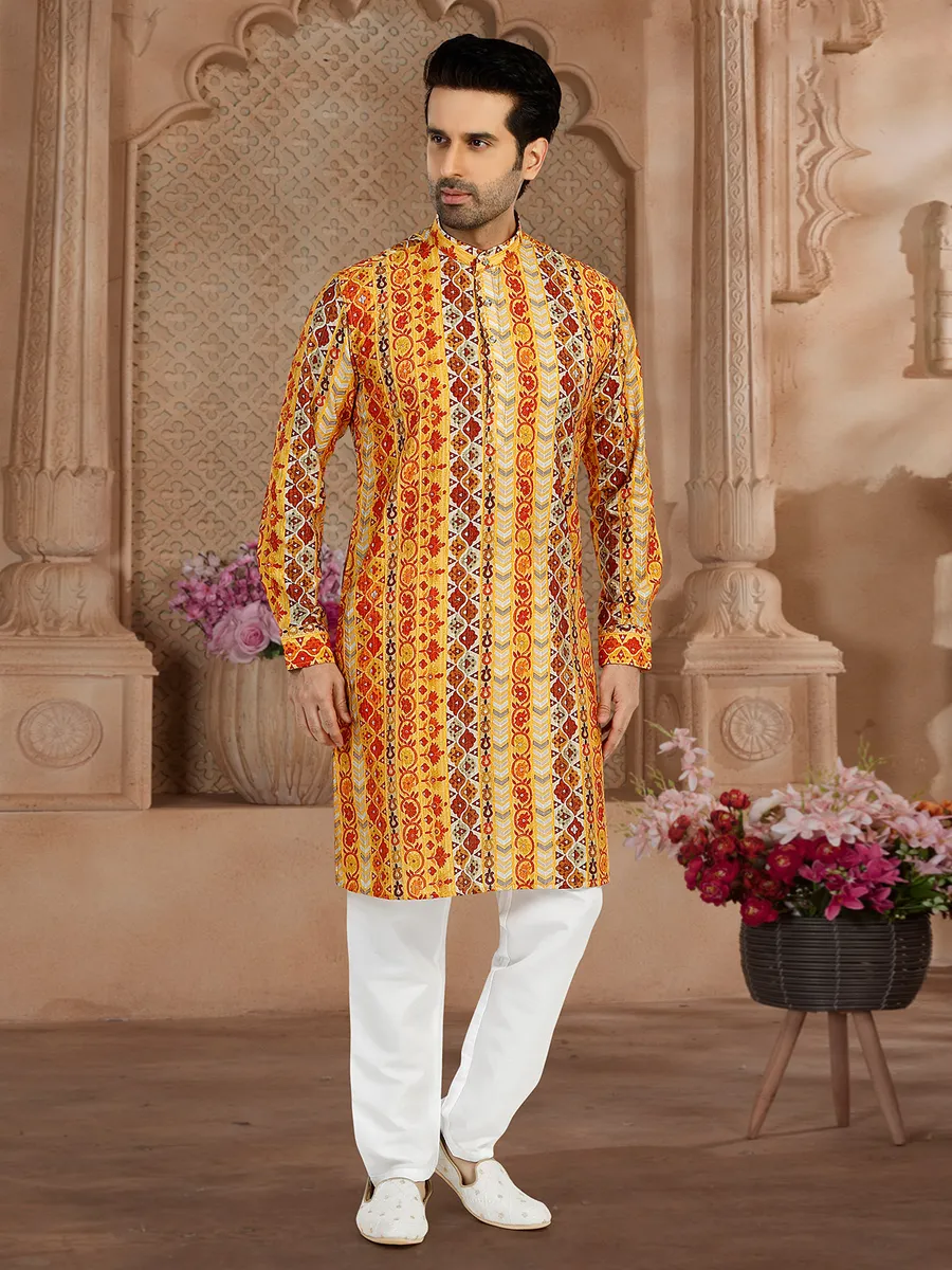 Classy printed yellow  Men Kurta pajama