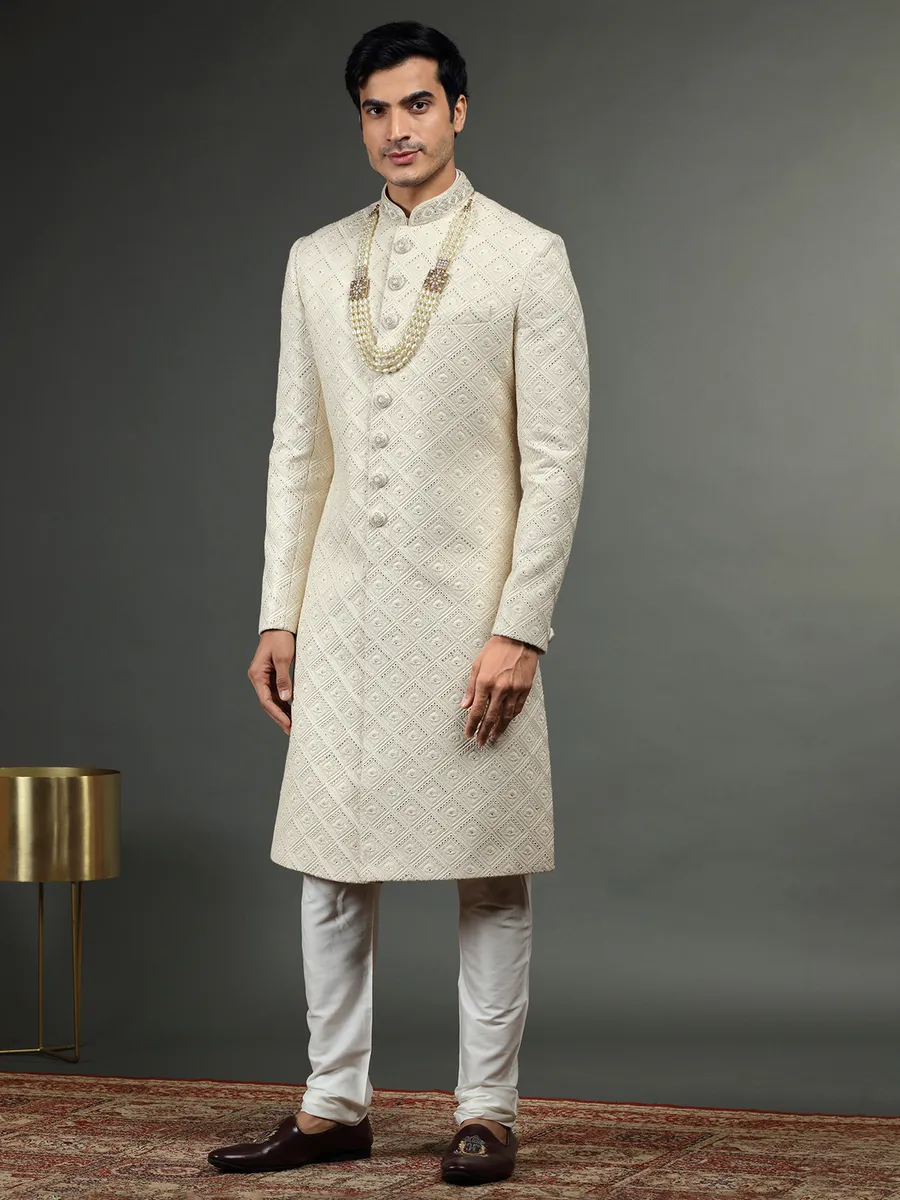 Classy silk groom sherwani in cream