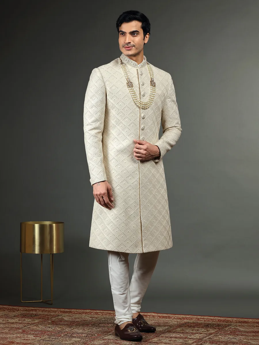 Classy silk groom sherwani in cream