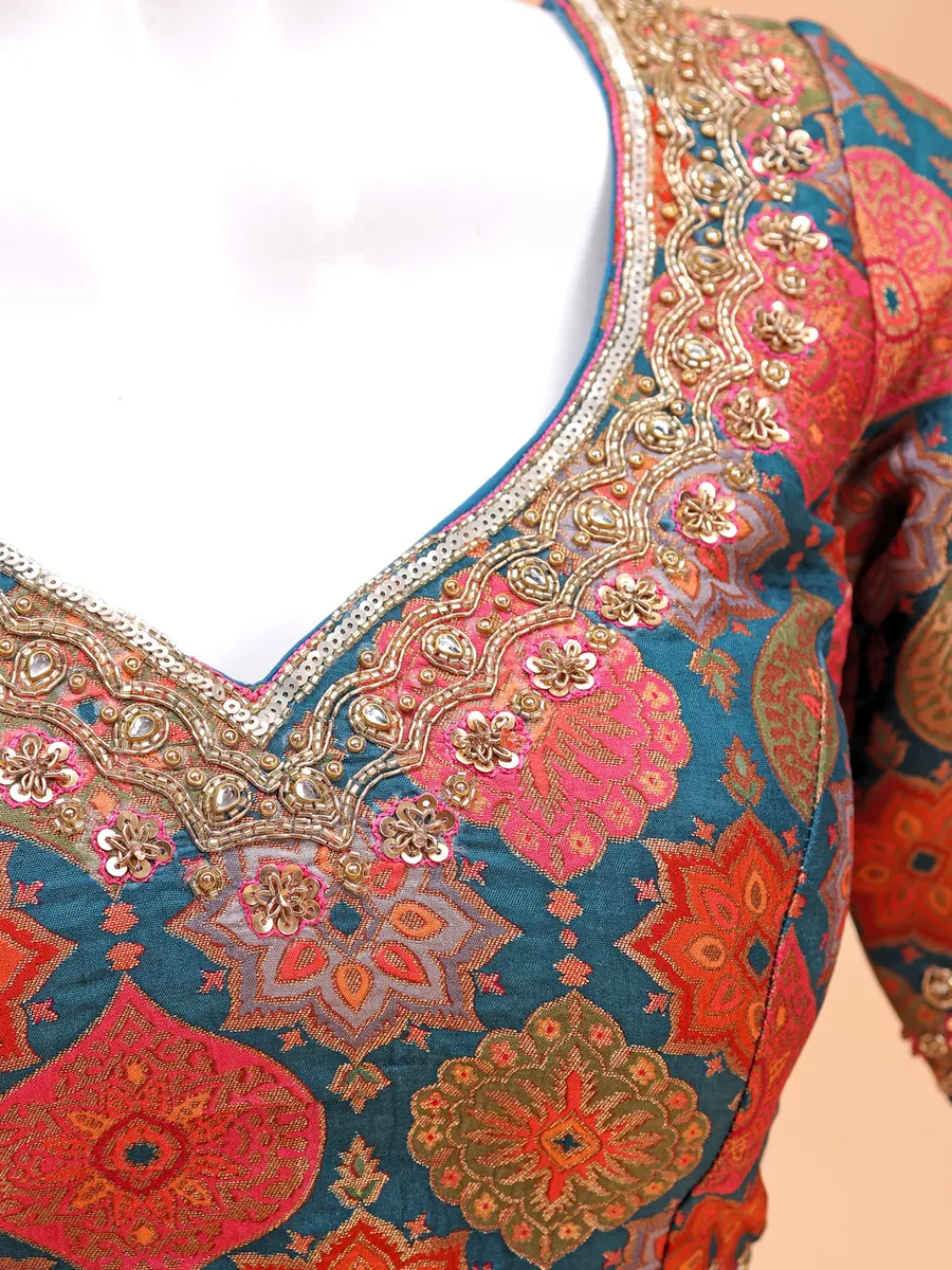 Classy teal blue silk ready-made blouse