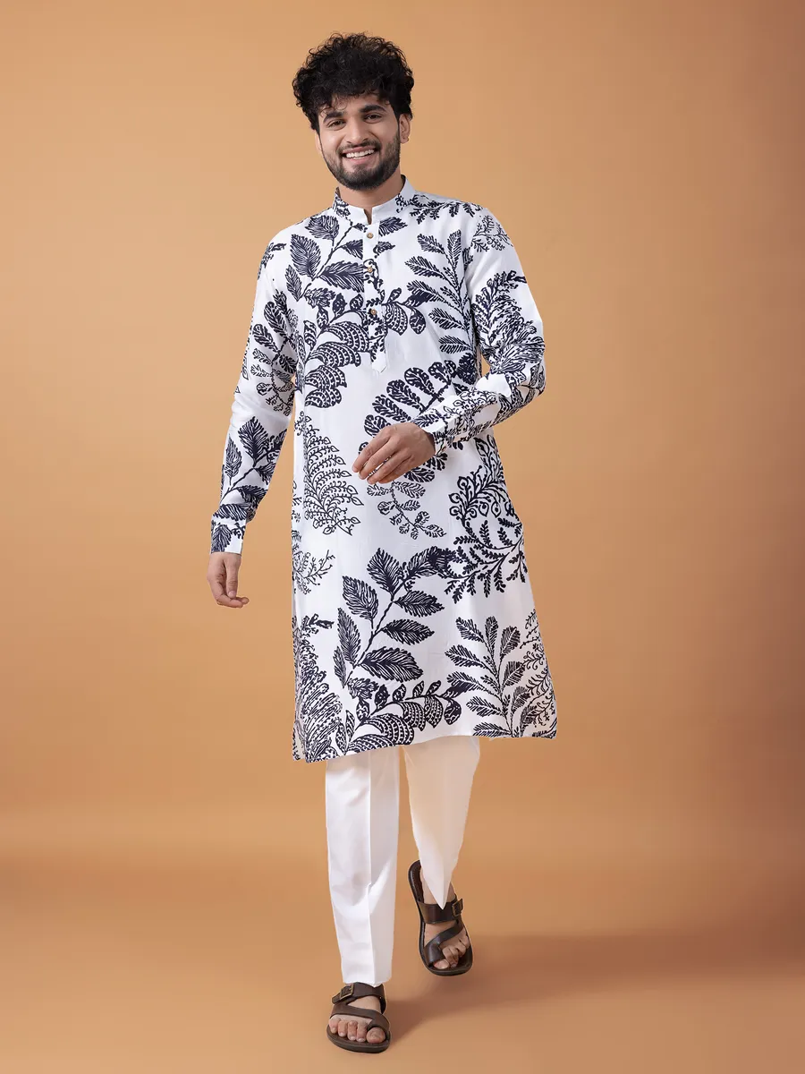 Classy white cotton printed  Men Kurta pajama