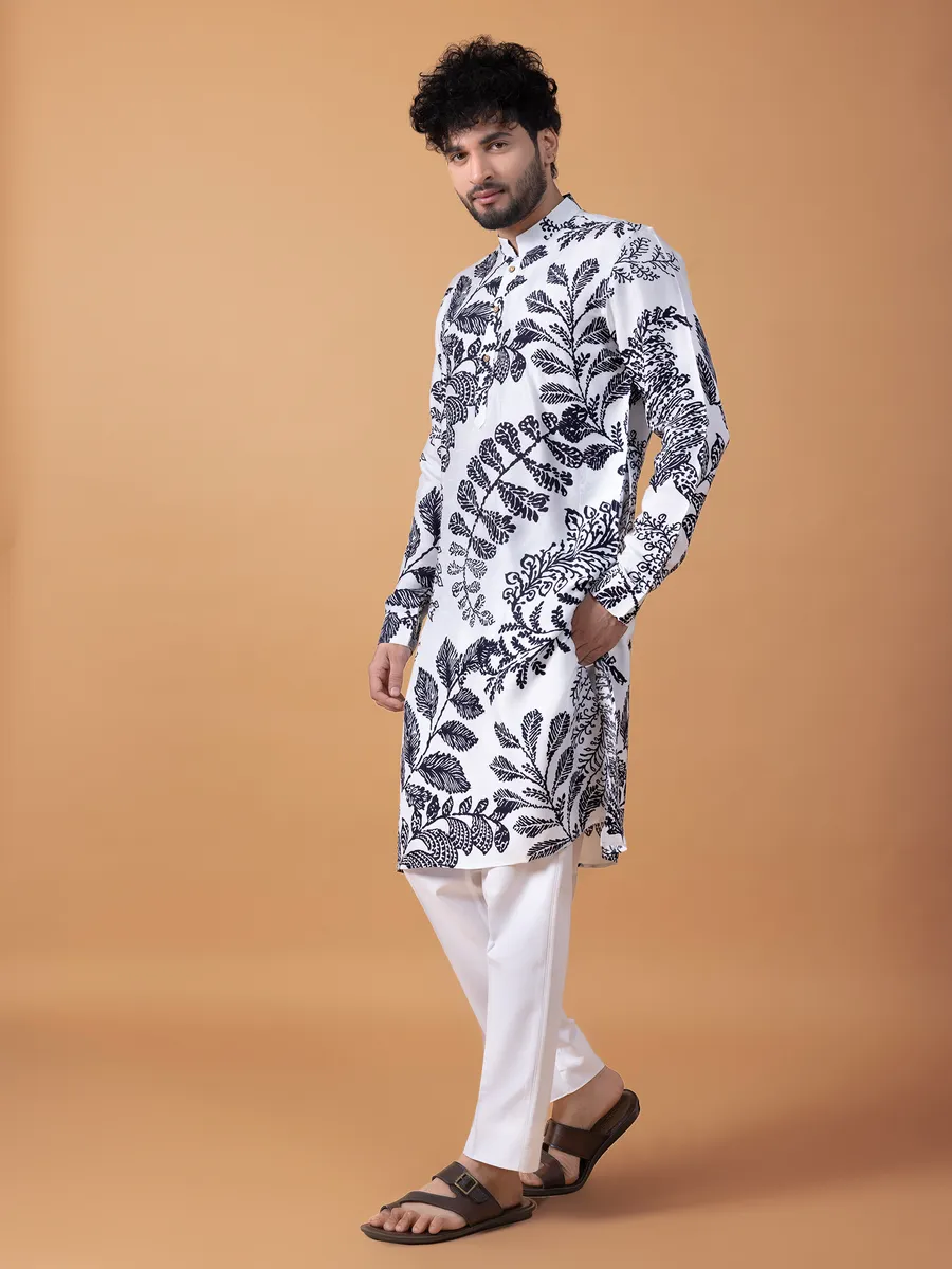 Classy white cotton printed  Men Kurta pajama