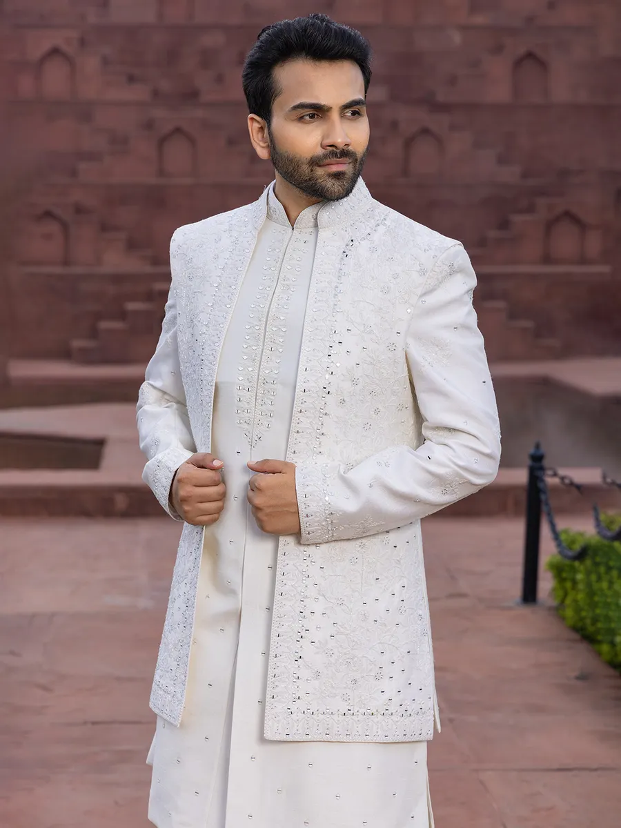 Classy white raw silk indowestern for wedding