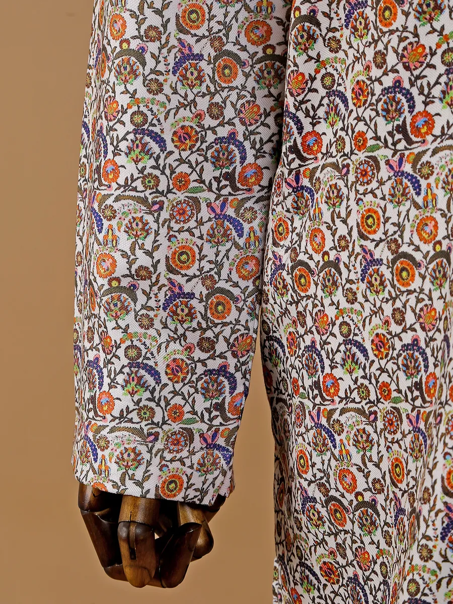 Classy white silk printed kurta