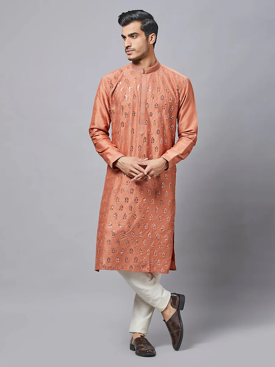 Copper peach silk kurta set for festive seasons