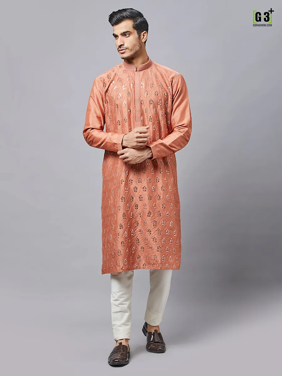 Copper peach silk kurta set for festive seasons