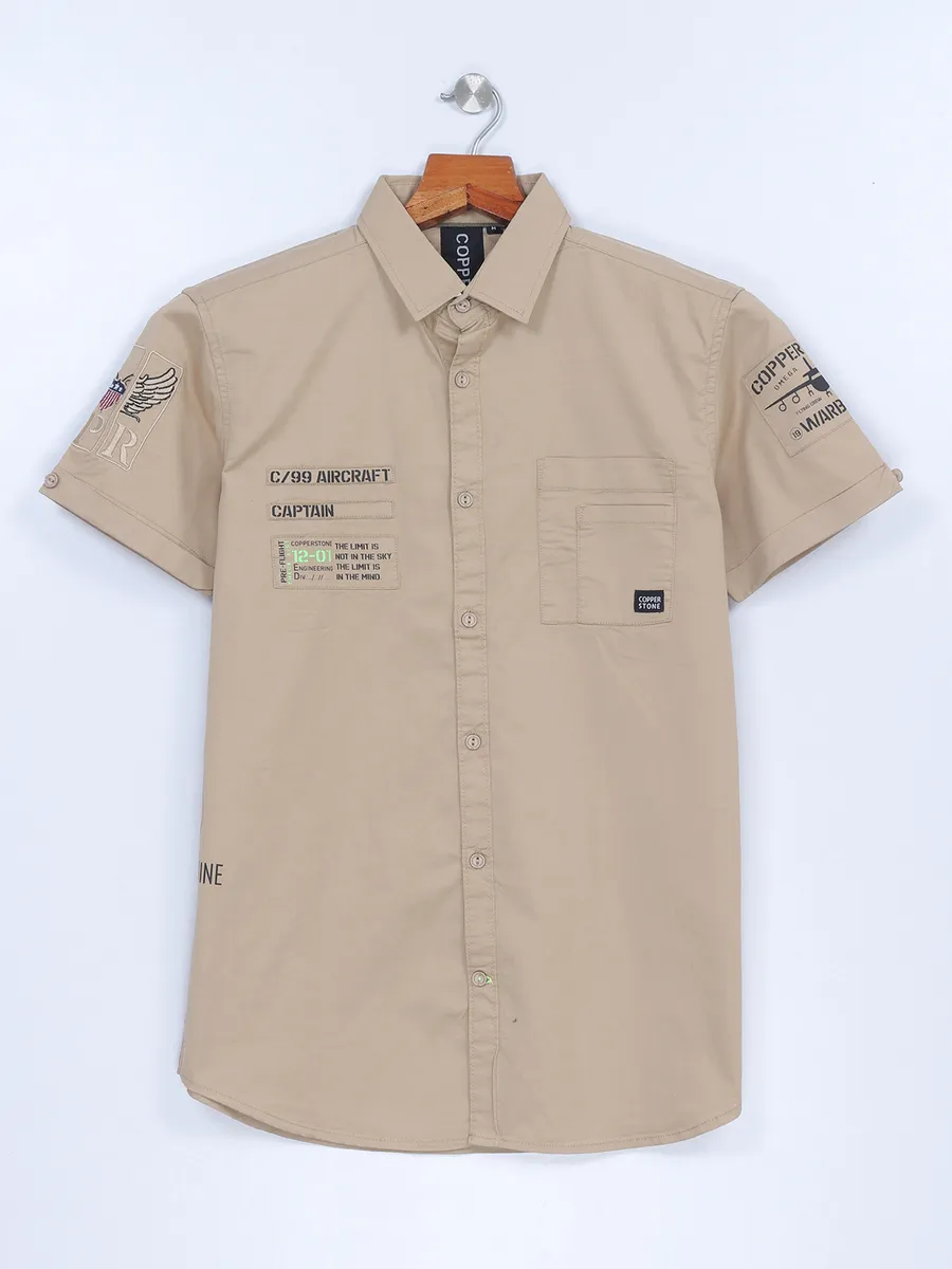Copperstone khaki cotton printed shirt