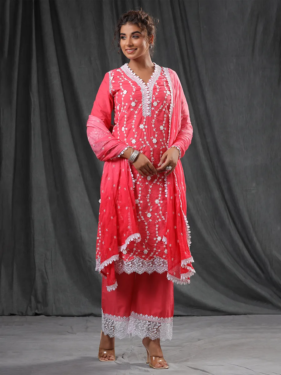 Coral pink cotton kurti set for festive wear