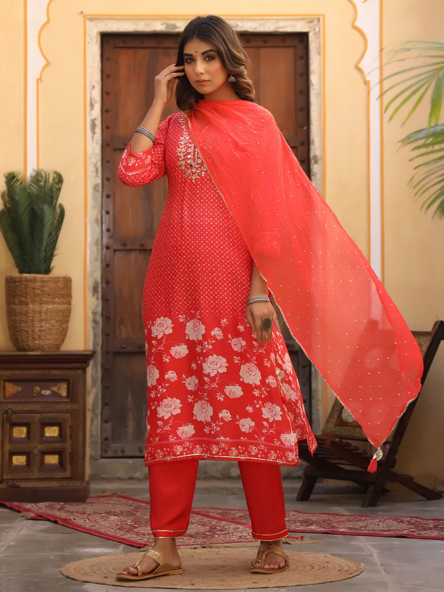 Coral pink cotton punjabi style festive wear pant set