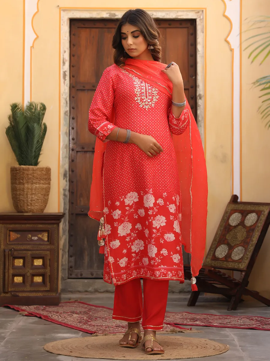 Coral pink cotton punjabi style festive wear pant set